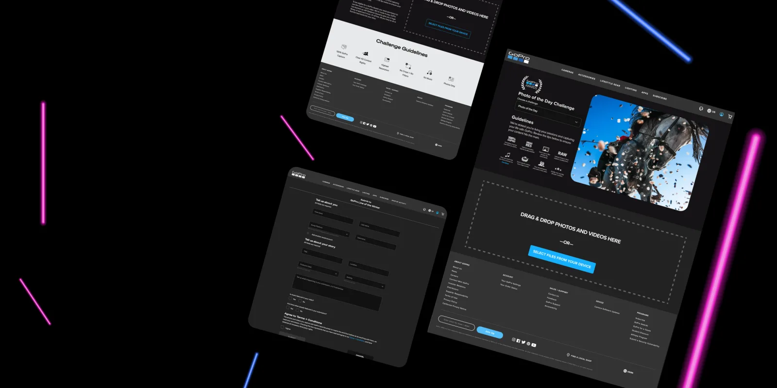 GoPro Awards submission and challenge interfaces across several web screens