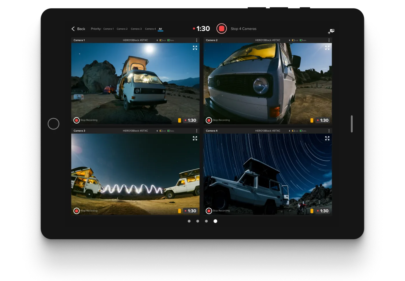 Tablet concept controlling four GoPro camera feeds in one interface