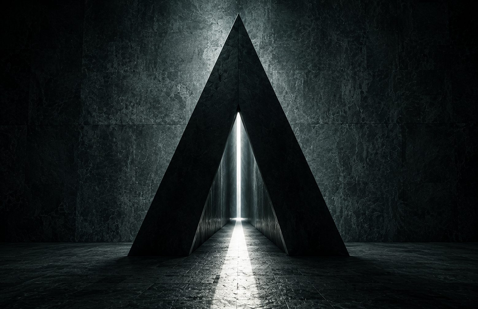 A triangular doorway in dark stone with a slit of white light